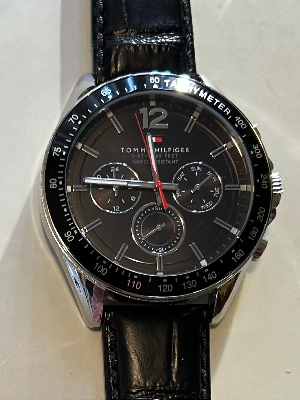 Tommy Hilfiger Watch With 46mm Black Chronograph Face & Black Leather Band